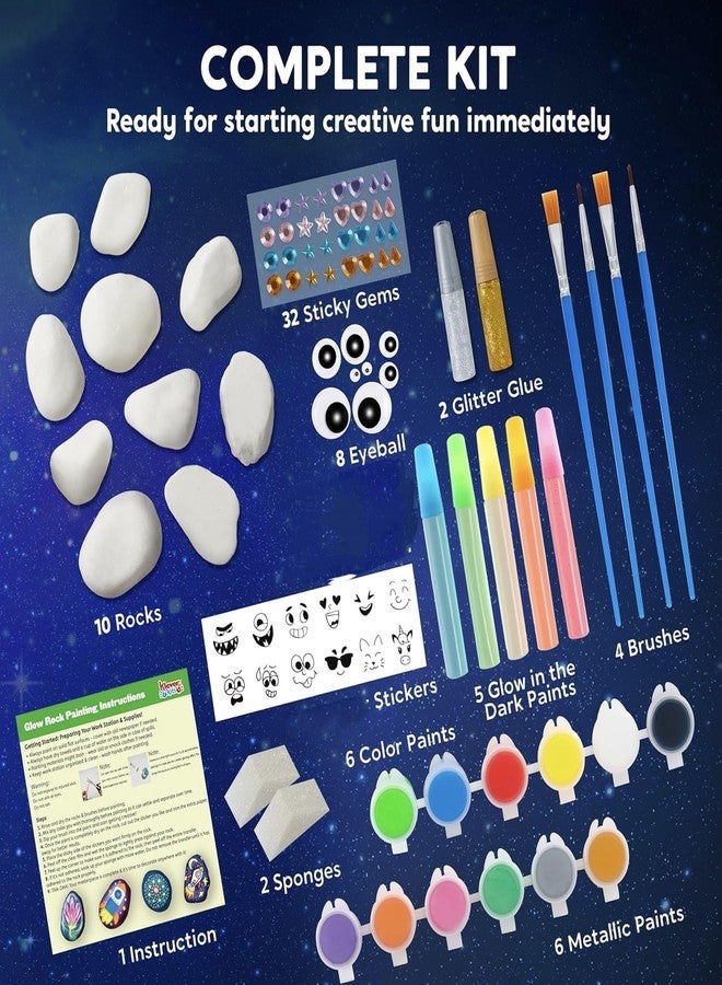 Kienlix Kids Rock Painting Kit, Glow in The Dark, Complete Art Set with 10 Rocks, 12 Paints, Brushes, Gems, Stickers, Creative Craft Activity for Children Ages 6-12 - Image 3